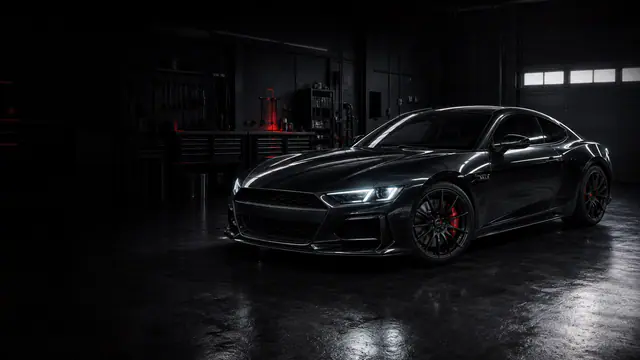 Automobil sport negru într-un garaj premium