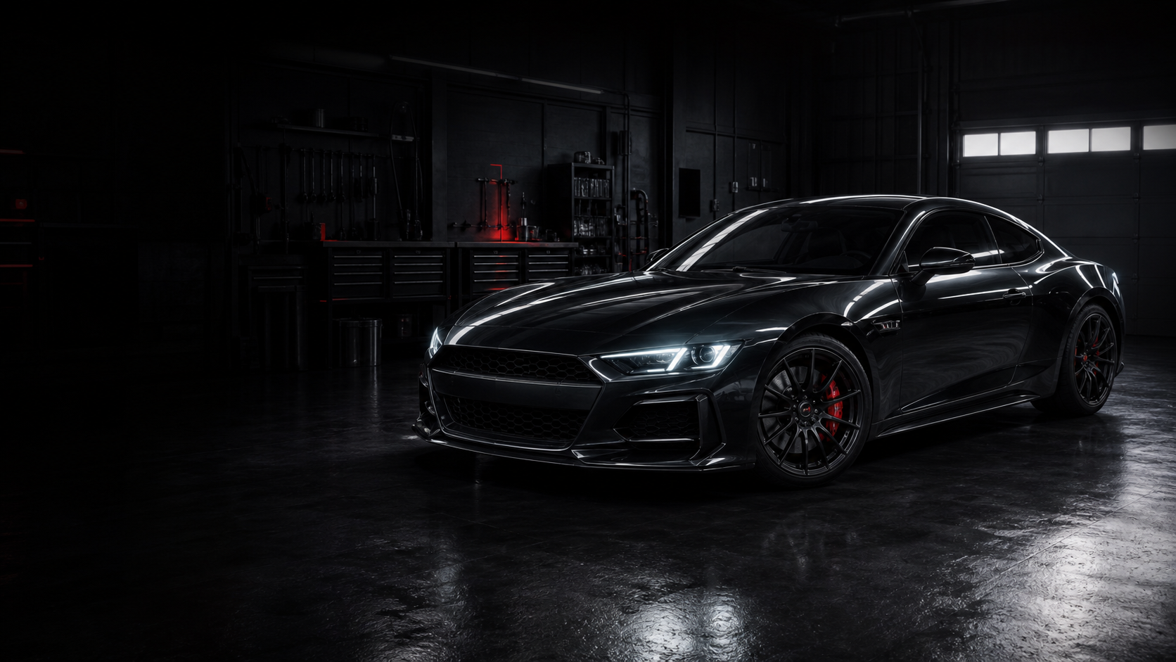 Automobil sport negru într-un garaj premium